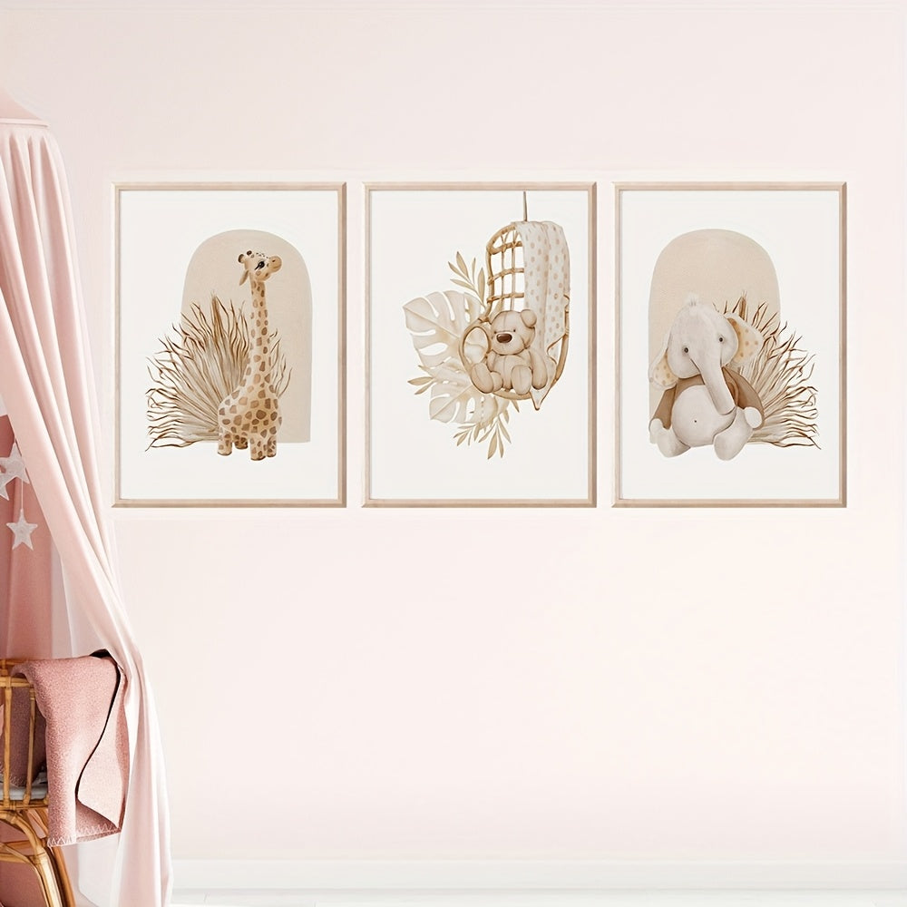 Lot de 3 Tableaux Sans Cadre Boho Chic – Art Déco Classique Animaux Cartoon (Éléphant, Cerf, Ours) – Décoration Murale Enfant, Chambre Bébé, Idée Cadeau Fête des Mères