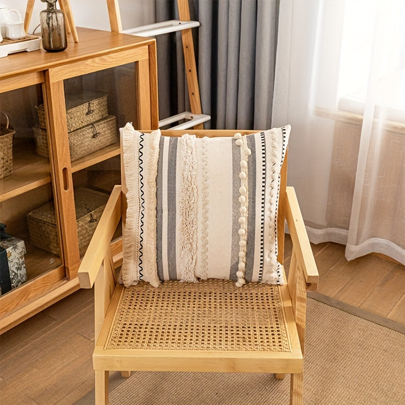 Housse de Coussin Bohème Tuftée en Polyester avec Pompons – Taie Déco Géométrique pour Canapé, Salon, Chambre – Sans Coussin
