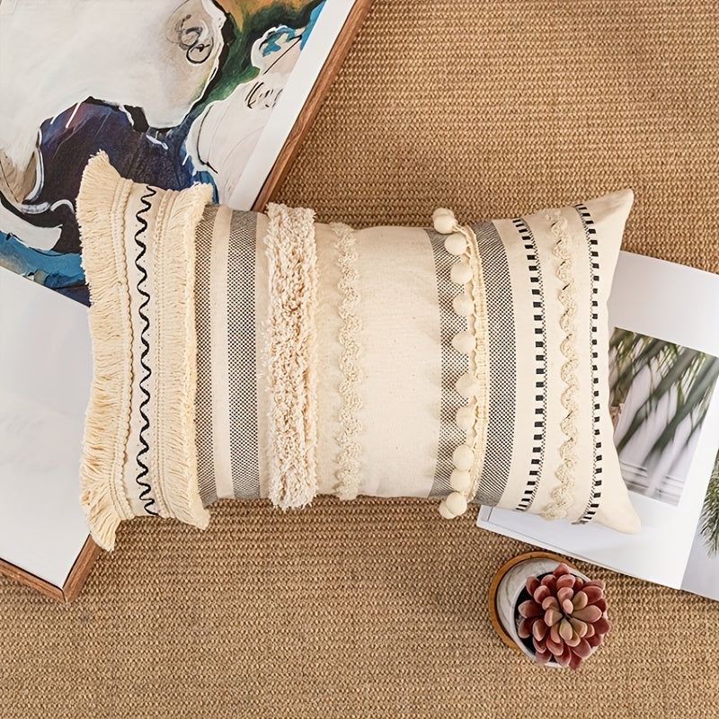 Housse de Coussin Bohème Tuftée en Polyester avec Pompons – Taie Déco Géométrique pour Canapé, Salon, Chambre – Sans Coussin