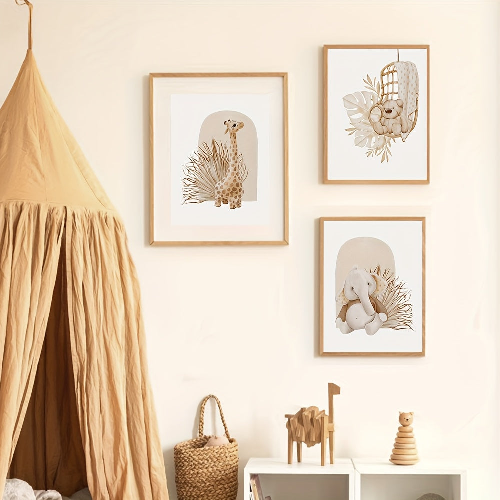 Lot de 3 Tableaux Sans Cadre Boho Chic – Art Déco Classique Animaux Cartoon (Éléphant, Cerf, Ours) – Décoration Murale Enfant, Chambre Bébé, Idée Cadeau Fête des Mères