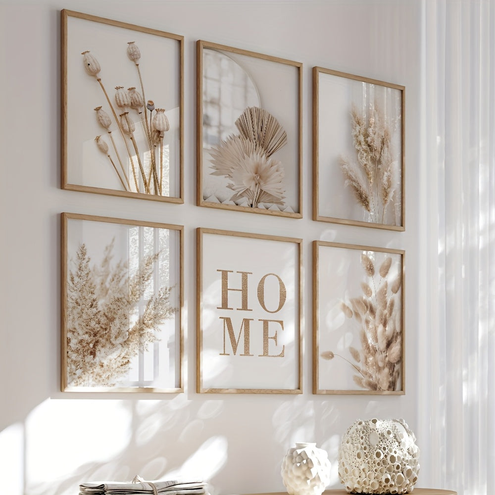 Lot de 6 Tableaux Beiges sur Toile – Peintures Murales Pampas, Herbes Séchées, Feuilles, Ventilateurs – Affiches Décoratives Nordiques Sans Cadre