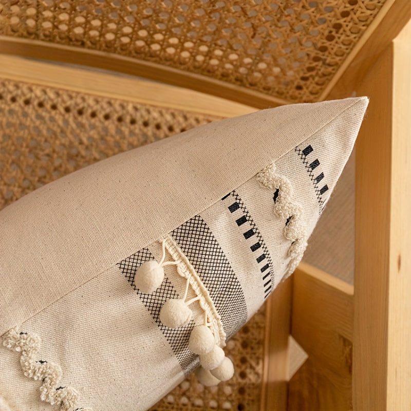 Housse de Coussin Bohème Tuftée en Polyester avec Pompons – Taie Déco Géométrique pour Canapé, Salon, Chambre – Sans Coussin
