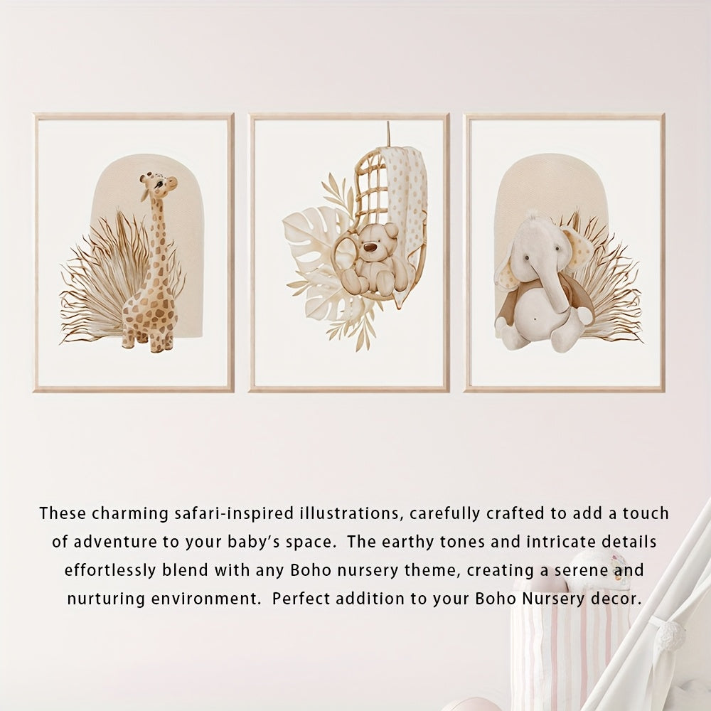 Lot de 3 Tableaux Sans Cadre Boho Chic – Art Déco Classique Animaux Cartoon (Éléphant, Cerf, Ours) – Décoration Murale Enfant, Chambre Bébé, Idée Cadeau Fête des Mères