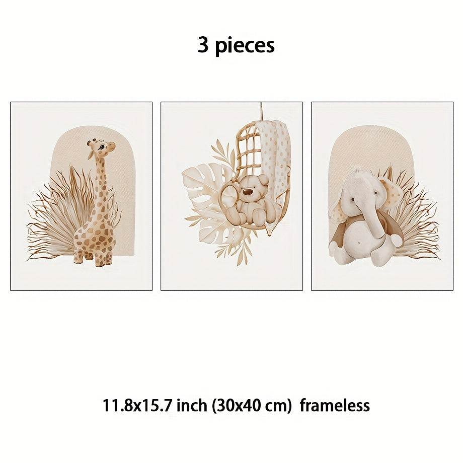 Lot de 3 Tableaux Sans Cadre Boho Chic – Art Déco Classique Animaux Cartoon (Éléphant, Cerf, Ours) – Décoration Murale Enfant, Chambre Bébé, Idée Cadeau Fête des Mères