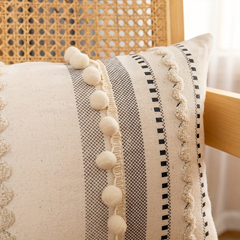 Housse de Coussin Bohème Tuftée en Polyester avec Pompons – Taie Déco Géométrique pour Canapé, Salon, Chambre – Sans Coussin
