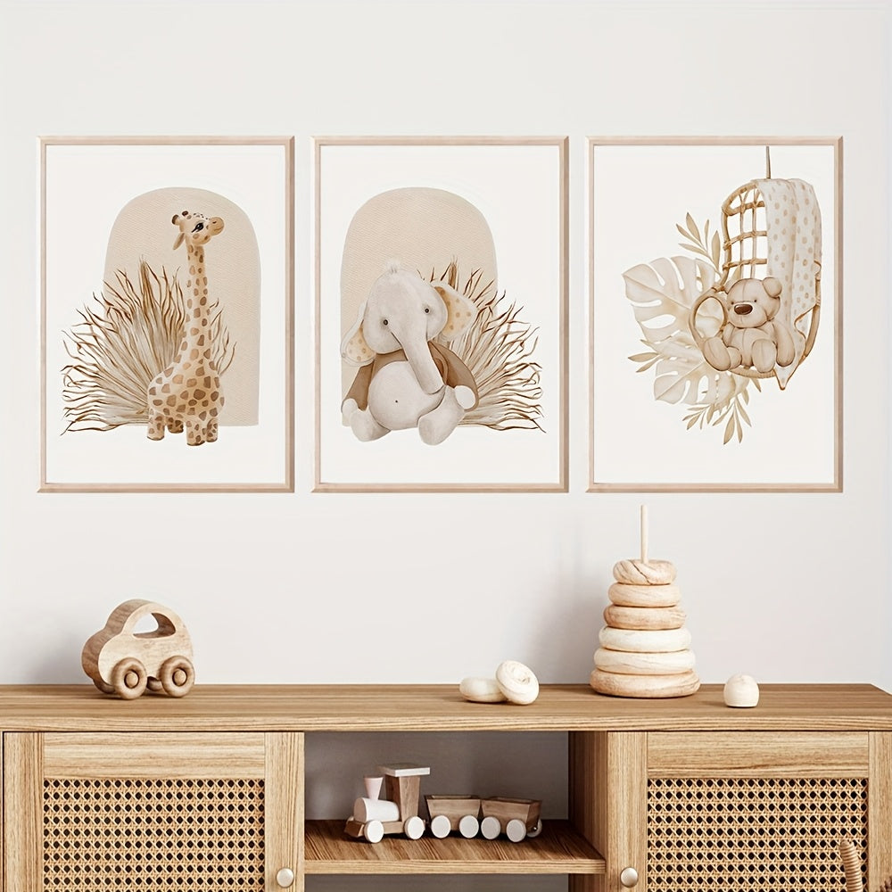 Lot de 3 Tableaux Sans Cadre Boho Chic – Art Déco Classique Animaux Cartoon (Éléphant, Cerf, Ours) – Décoration Murale Enfant, Chambre Bébé, Idée Cadeau Fête des Mères