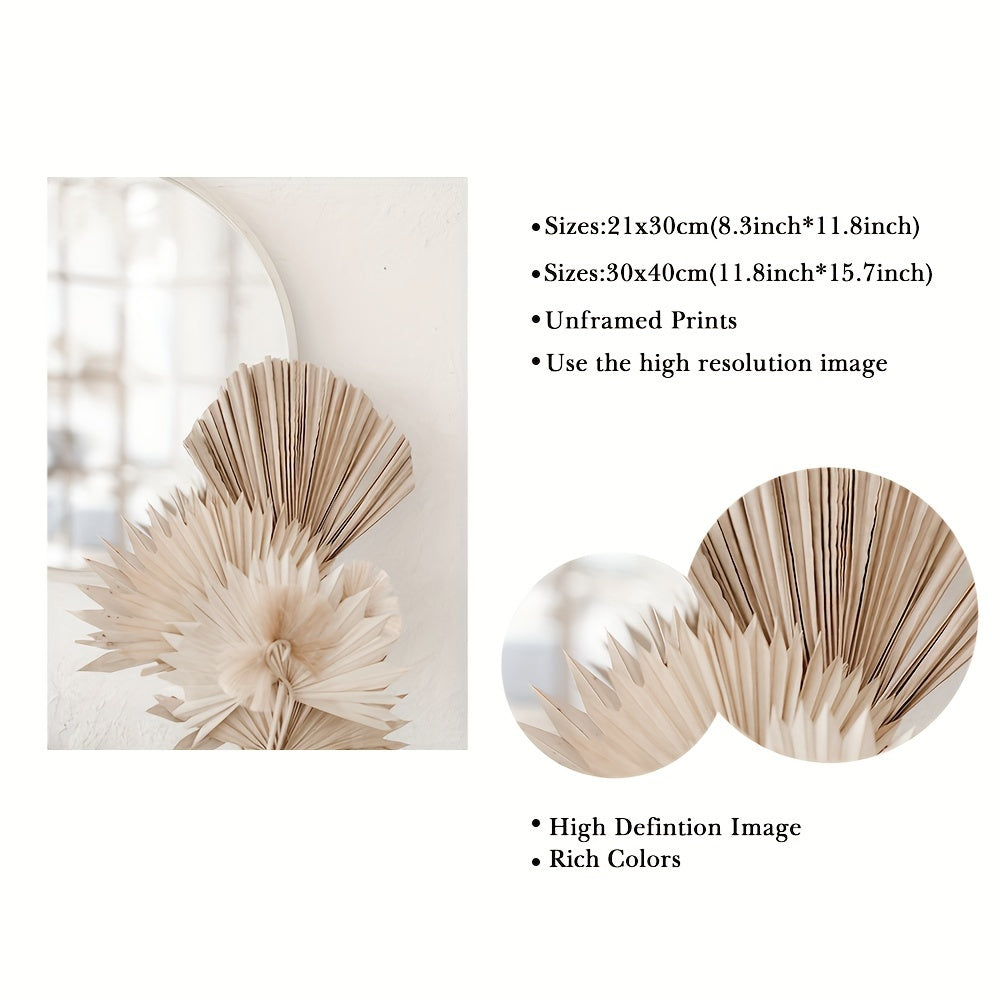 Lot de 6 Tableaux Beiges sur Toile – Peintures Murales Pampas, Herbes Séchées, Feuilles, Ventilateurs – Affiches Décoratives Nordiques Sans Cadre