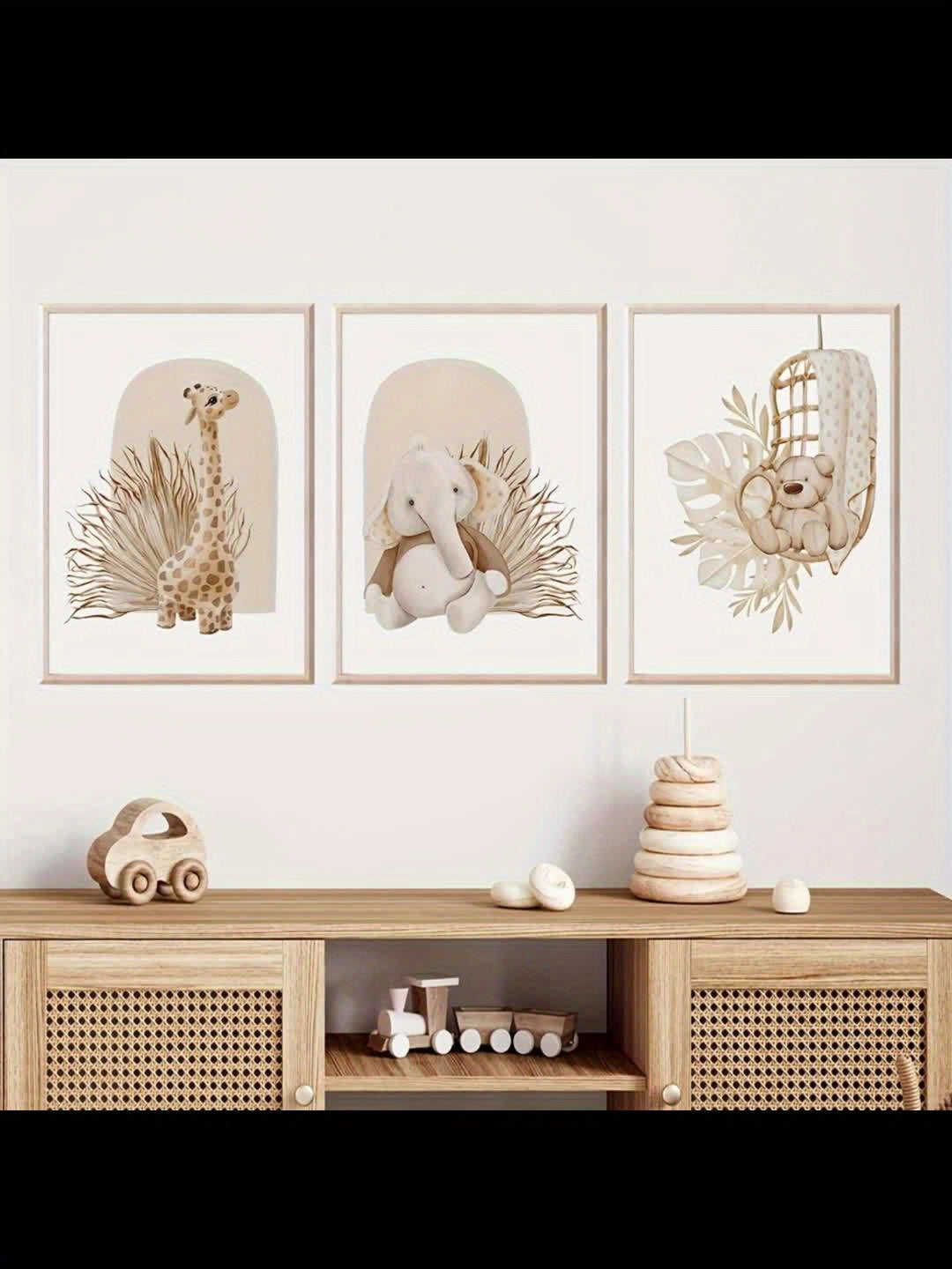 Lot de 3 Tableaux Sans Cadre Boho Chic – Art Déco Classique Animaux Cartoon (Éléphant, Cerf, Ours) – Décoration Murale Enfant, Chambre Bébé, Idée Cadeau Fête des Mères