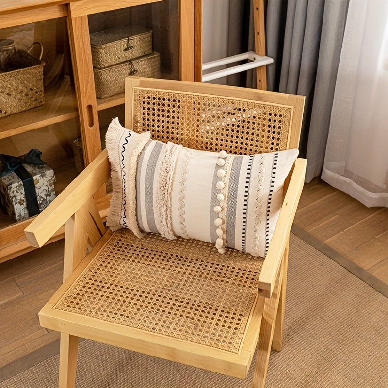 Housse de Coussin Bohème Tuftée en Polyester avec Pompons – Taie Déco Géométrique pour Canapé, Salon, Chambre – Sans Coussin