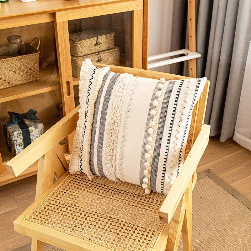 Housse de Coussin Bohème Tuftée en Polyester avec Pompons – Taie Déco Géométrique pour Canapé, Salon, Chambre – Sans Coussin