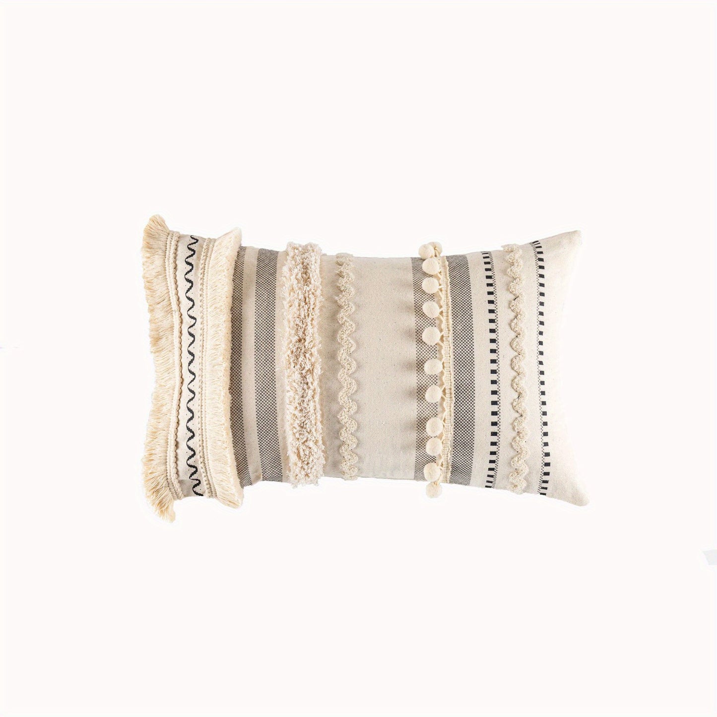 Housse de Coussin Bohème Tuftée en Polyester avec Pompons – Taie Déco Géométrique pour Canapé, Salon, Chambre – Sans Coussin