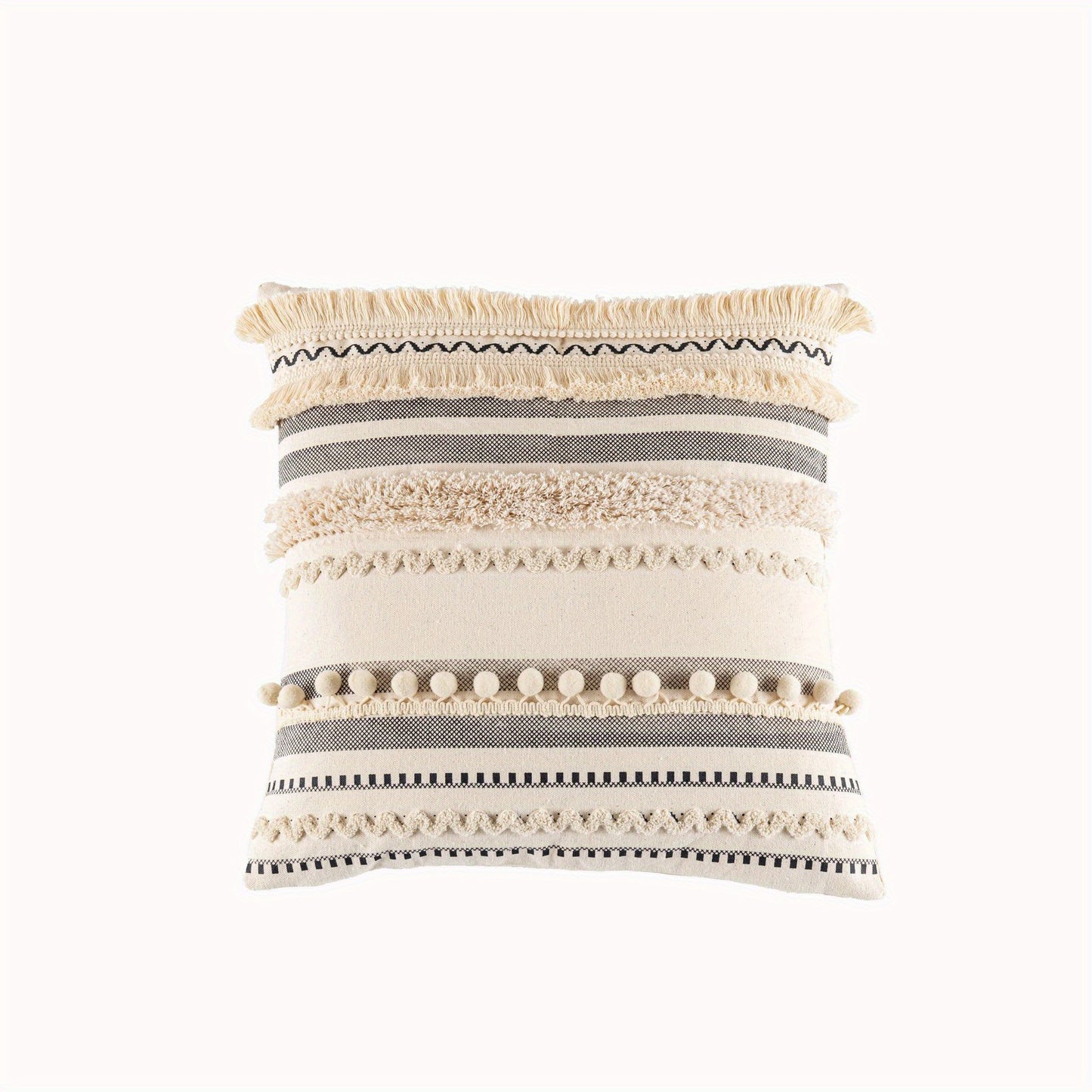 Housse de Coussin Bohème Tuftée en Polyester avec Pompons – Taie Déco Géométrique pour Canapé, Salon, Chambre – Sans Coussin