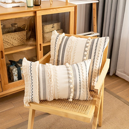 Housse de Coussin Bohème Tuftée en Polyester avec Pompons – Taie Déco Géométrique pour Canapé, Salon, Chambre – Sans Coussin
