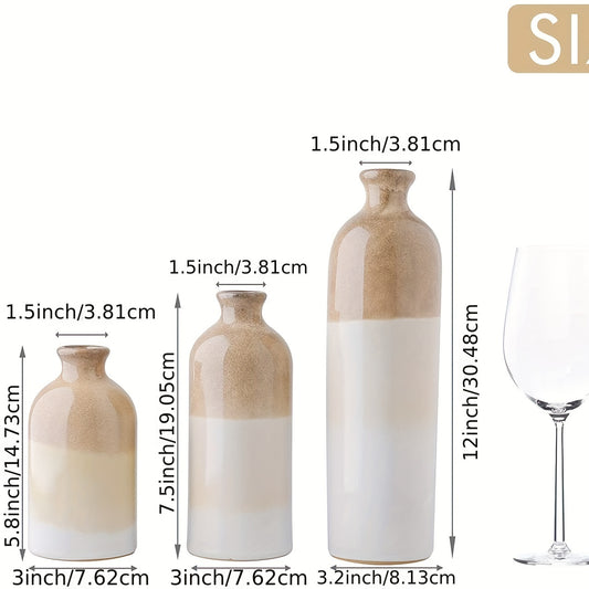 Lot de 3 Vases en Céramique Style Fermette – Vases Décoratifs Beiges et Blancs Rustiques pour Pampas, Centre de Table, Étagère, Salon – 30 cm
