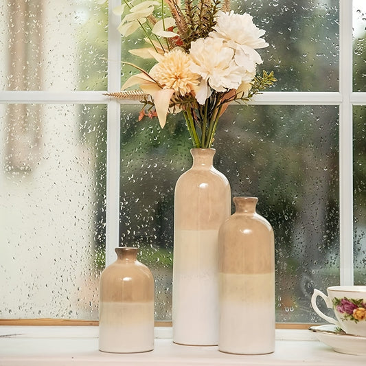 Lot de 3 Vases en Céramique Style Fermette – Vases Décoratifs Beiges et Blancs Rustiques pour Pampas, Centre de Table, Étagère, Salon – 30 cm