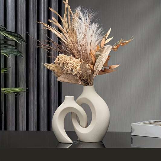 Lot de 2 vases en céramique blanche style bohème nordique pour décoration d'intérieur – Vase creux mat pour mariage, table à manger, salon, bureau, chambre – Vase minimaliste pour centre de table élégant