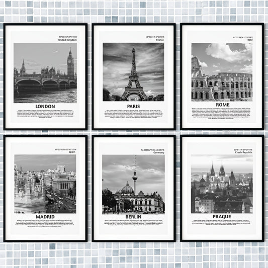 Lot de 6 Affiches Vintage Ville Européenne – Illustrations Noir et Blanc Sans Cadre, Format A4 – Décoration Murale Intérieure Bureau, Salon, Chambre, Restaurant