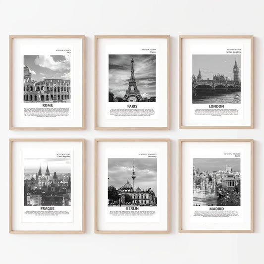 Lot de 6 Affiches Vintage Ville Européenne – Illustrations Noir et Blanc Sans Cadre, Format A4 – Décoration Murale Intérieure Bureau, Salon, Chambre, Restaurant