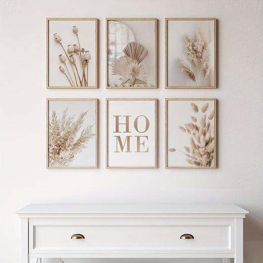 Lot de 6 Tableaux Beiges sur Toile – Peintures Murales Pampas, Herbes Séchées, Feuilles, Ventilateurs – Affiches Décoratives Nordiques Sans Cadre