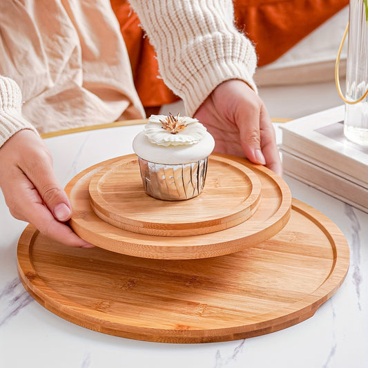 Plateau Rond en Bois – Plateau de Service avec Poignées pour Nourriture, Boissons, Petit-Déjeuner, Desserts, Bijoux, Thé, Cuisine & DécoGrooved Handle, Home Kitchen Supplies