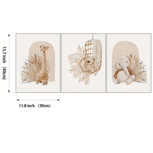 Lot de 3 Tableaux Sans Cadre Boho Chic – Art Déco Classique Animaux Cartoon (Éléphant, Cerf, Ours) – Décoration Murale Enfant, Chambre Bébé, Idée Cadeau Fête des Mères