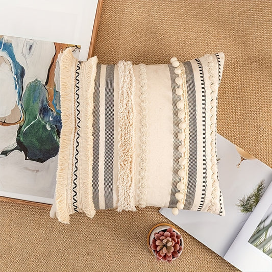 Housse de Coussin Bohème Tuftée en Polyester avec Pompons – Taie Déco Géométrique pour Canapé, Salon, Chambre – Sans Coussin